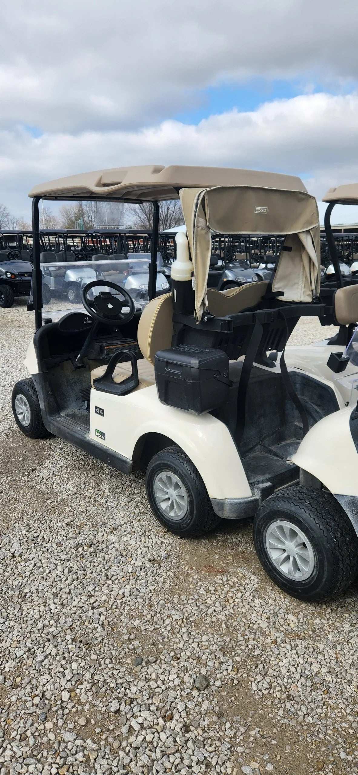 Rear view of 2019 EZGO RXV with lithium battery setup